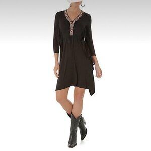 NWT Rock 47 by Wrangler Black Applique V neck dress, Size Medium